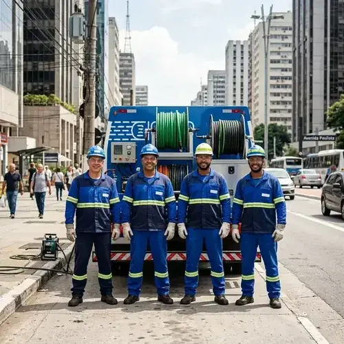 Equipe uniformizada da Esgota Hidro com caminhão de hidrojateamento