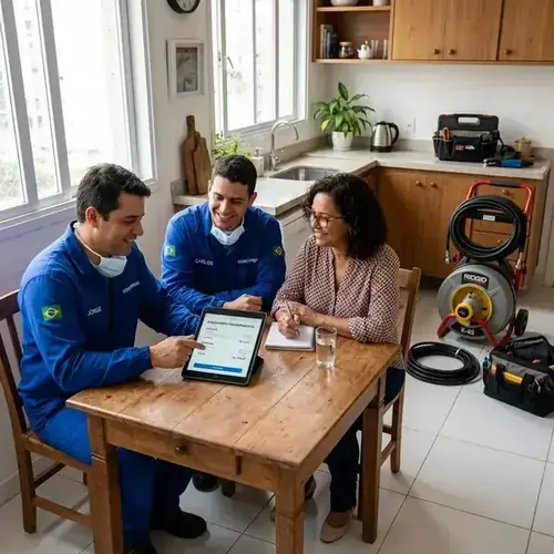 Técnicos da Esgota Hidro atendendo cliente residencial